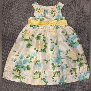 Janie and Jack Yellow and Blue Floral Silk Dress with Bird Details sz 3T